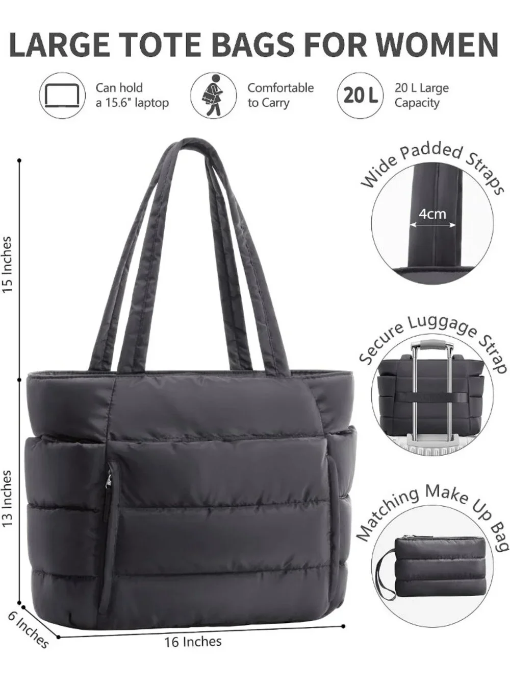 👜Women's Charcoal Gray Puffer Tote Bag 16 Pocket Work Gym Travel Laptop Handbag